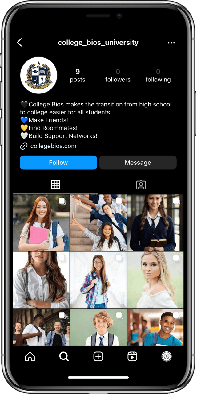 Smartphone showing a sample College Bios student post